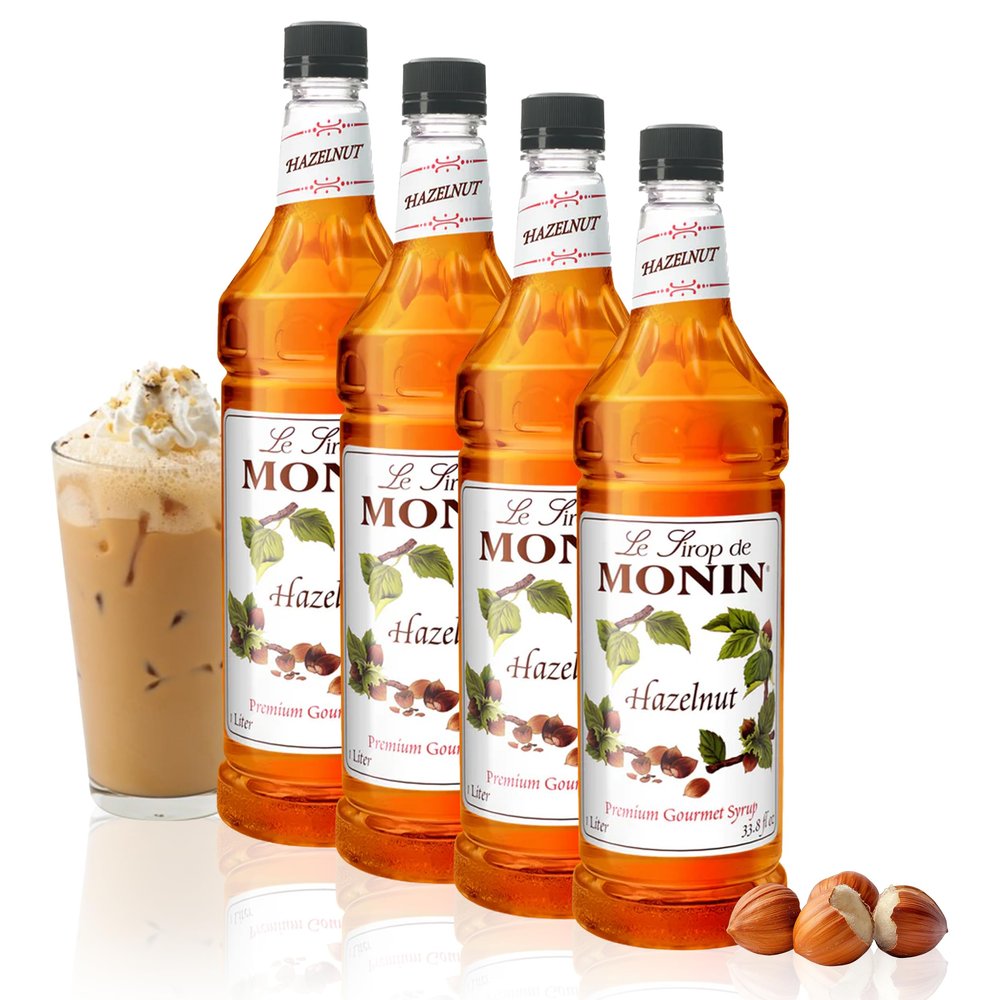 Monin - Hazelnut Syrup, Nutty Taste of Caramelized Hazelnut, Natural Flavors, Great for Mochas, Lattes, Smoothies, Shakes, and Cocktails, Non-GMO, Gluten-Free (1 Liter, 4-Pack)