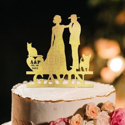 Mr And Mrs Cake Topper For Wedding Couple Married Cake Topper Bride And Groom Silhouette Rustic Cake Topper For Wedding With Pug Dog And Border Collie Gold Acrylic Custom Cake Topper