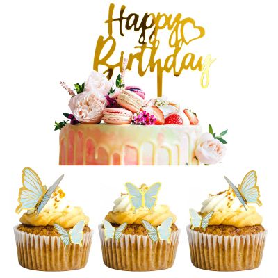 24Pcs Happy Birthday Cake Toppers Acrylic with 3D Blue Butterfly Cupcake Decorations for Wedding Birthday Party Decor Baby Shower