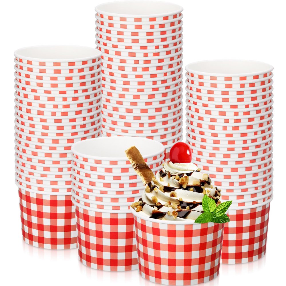 Sieral 9 oz Ice Cream Paper Cup Bowl Disposable Gingham Picnic Dessert Buffalo Plaid Snack Checkered Paper Bowl Bulk Hot Cold Food Kitchen Christmas Party Favors(Red,100 Pack)