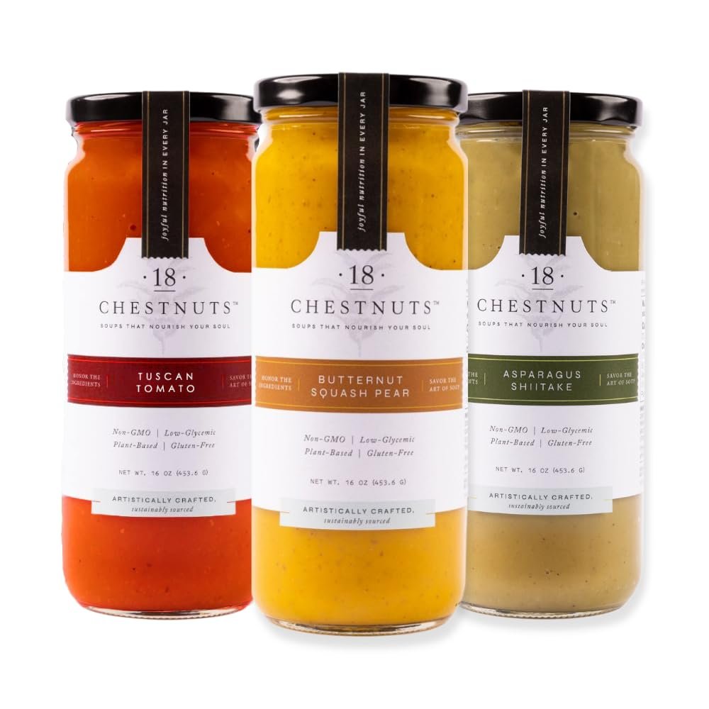 18 Chestnuts Plant Based Soup - Tuscan Tomato, Asparagus Shiitake, and Butternut Squash Pear Soup Bundle, Plant Based & Gluten Free - 3 Jars (16oz)