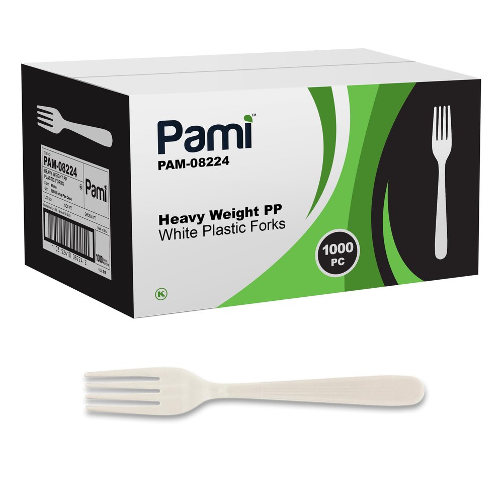 PAMI 1000-Count Heavy-Duty Disposable Plastic Forks Bulk Pack for Parties, Catering, Weddings, Events, and Takeout Orders (Forks Regular White)