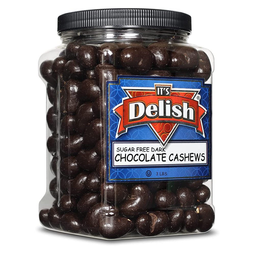 Sugar Free Dark Chocolate Covered Cashews by Its Delish, 3 LBS Jumbo Reusable Container (Jar) | Gourmet Dark Chocolate Cashews, Healthy Snacks Chocolate Nuts, USA Made, Vegan, Kosher