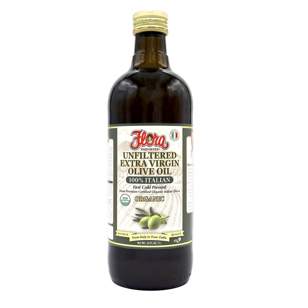 Flora Organic Unfiltered Extra Virgin Olive Oil  100% Italian, First Cold Pressed, USDA Certified Organic, Imported from Puglia  34 fl oz (1L)