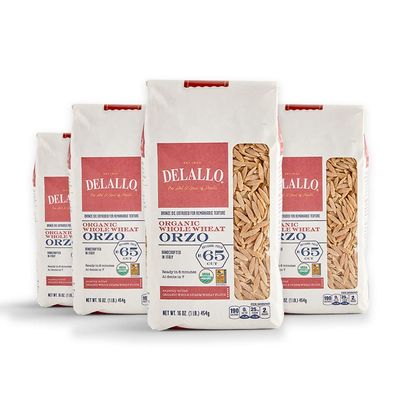 DeLallo Whole Wheat Orzo Pasta, 1 Pound Bag, 4 Pack, Organic, 100% Durum Wheat Flour, Made in Italy, High Protein