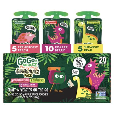 GoGo squeeZ Fruit & veggieZ Applesauce and Puree Variety Pack, Jurassic Pear, Roarrrr Berry & Prehistoric Peach, 3.2 oz (Pack of 20), Unsweetened Snacks for Kids, BPA Free Pouches