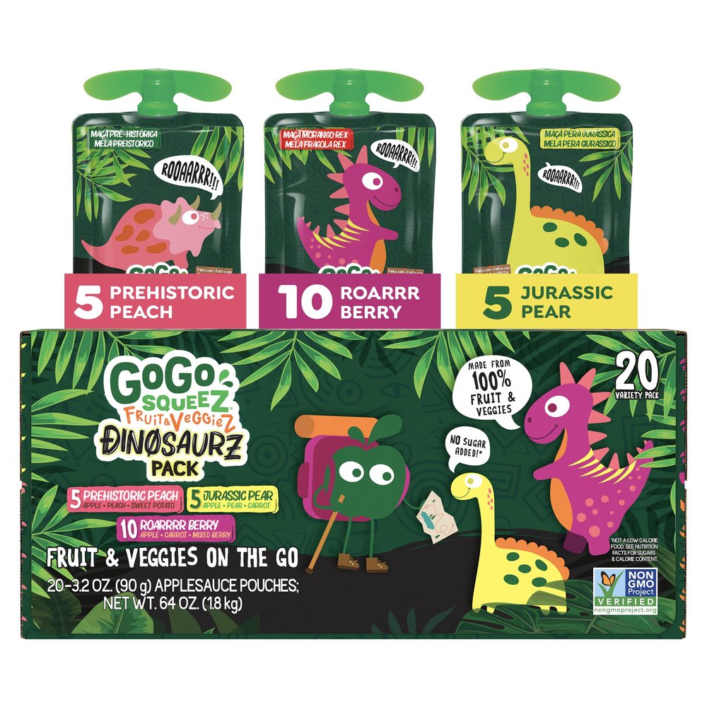 GoGo squeeZ Fruit & veggieZ Applesauce and Puree Variety Pack, Jurassic Pear, Roarrrr Berry & Prehistoric Peach, 3.2 oz (Pack of 20), Unsweetened Snacks for Kids, BPA Free Pouches