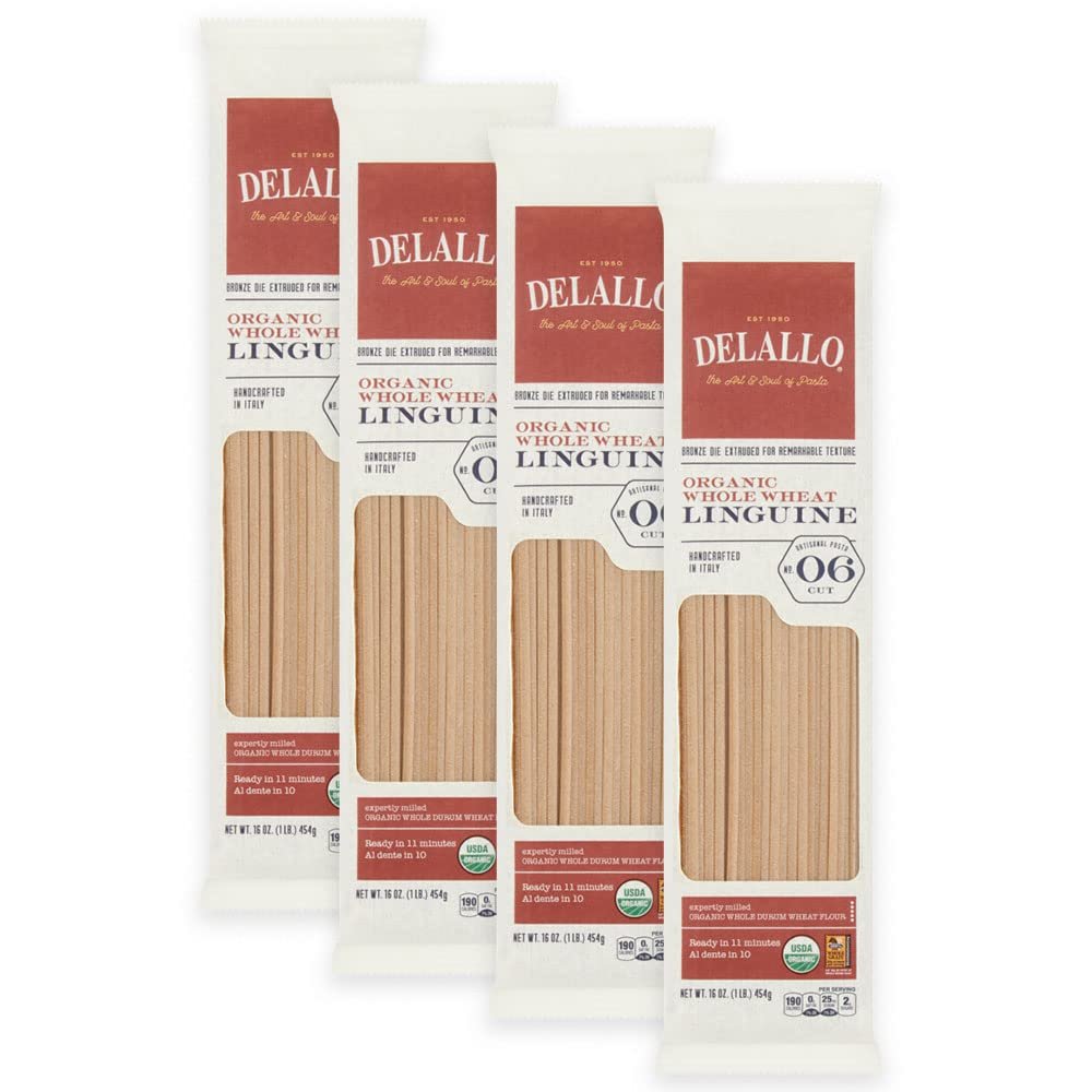 DeLallo Whole Wheat Linguine, 1 Pound Bag, 4 Pack, 100% Organic, Whole Grain Noodles, Made with Whole Durum Wheat