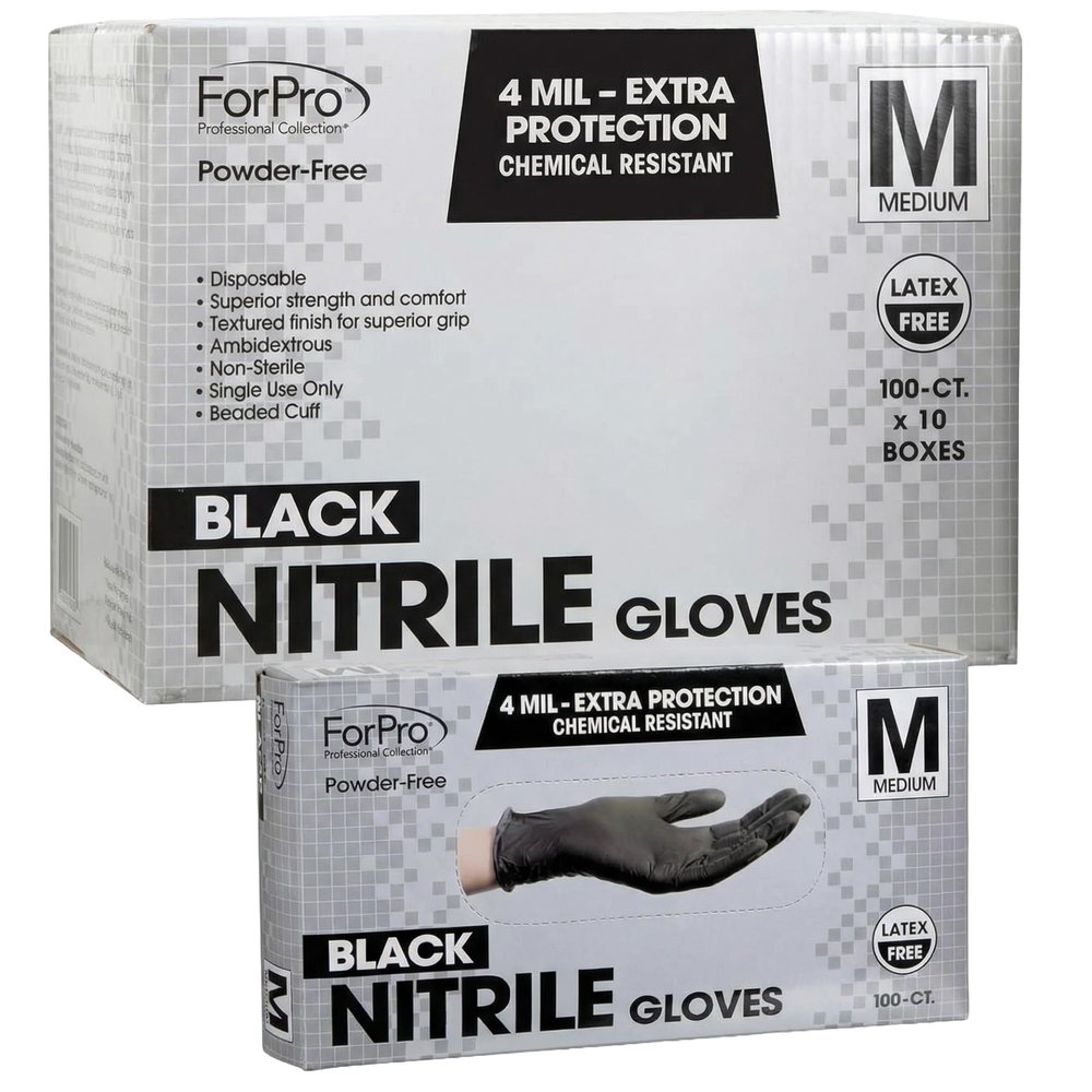ForPro Professional Collection Disposable Nitrile Gloves, Chemical Resistant, Powder-Free, Latex-Free, Non-Sterile, Food Safe, 4 Mil, Black, Medium, 1000-Count