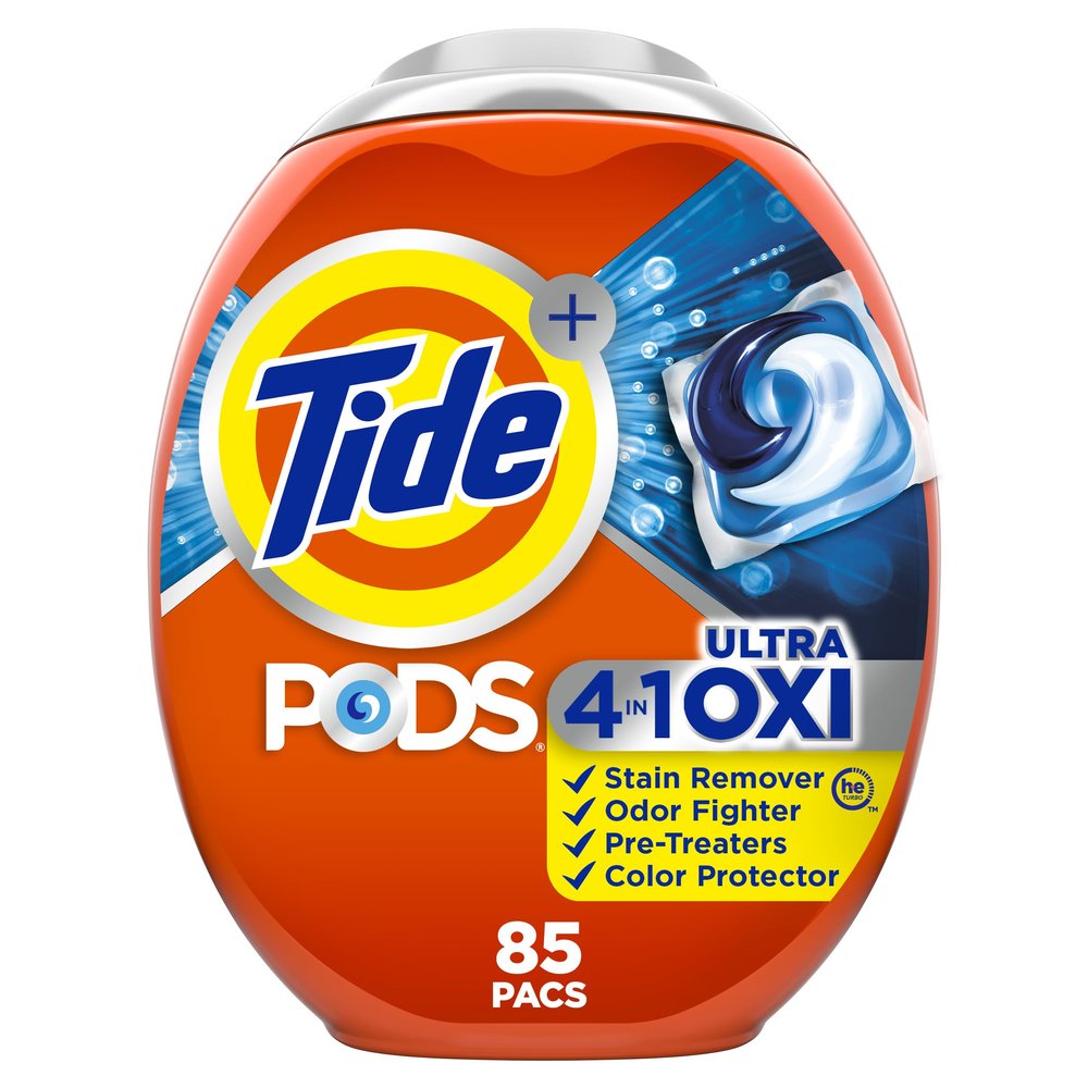 Tide 4-in-1 Ultra Oxi PODS Laundry Detergent Pacs, 85 Count, HE Compatible, Built in Pre-treater for Stains