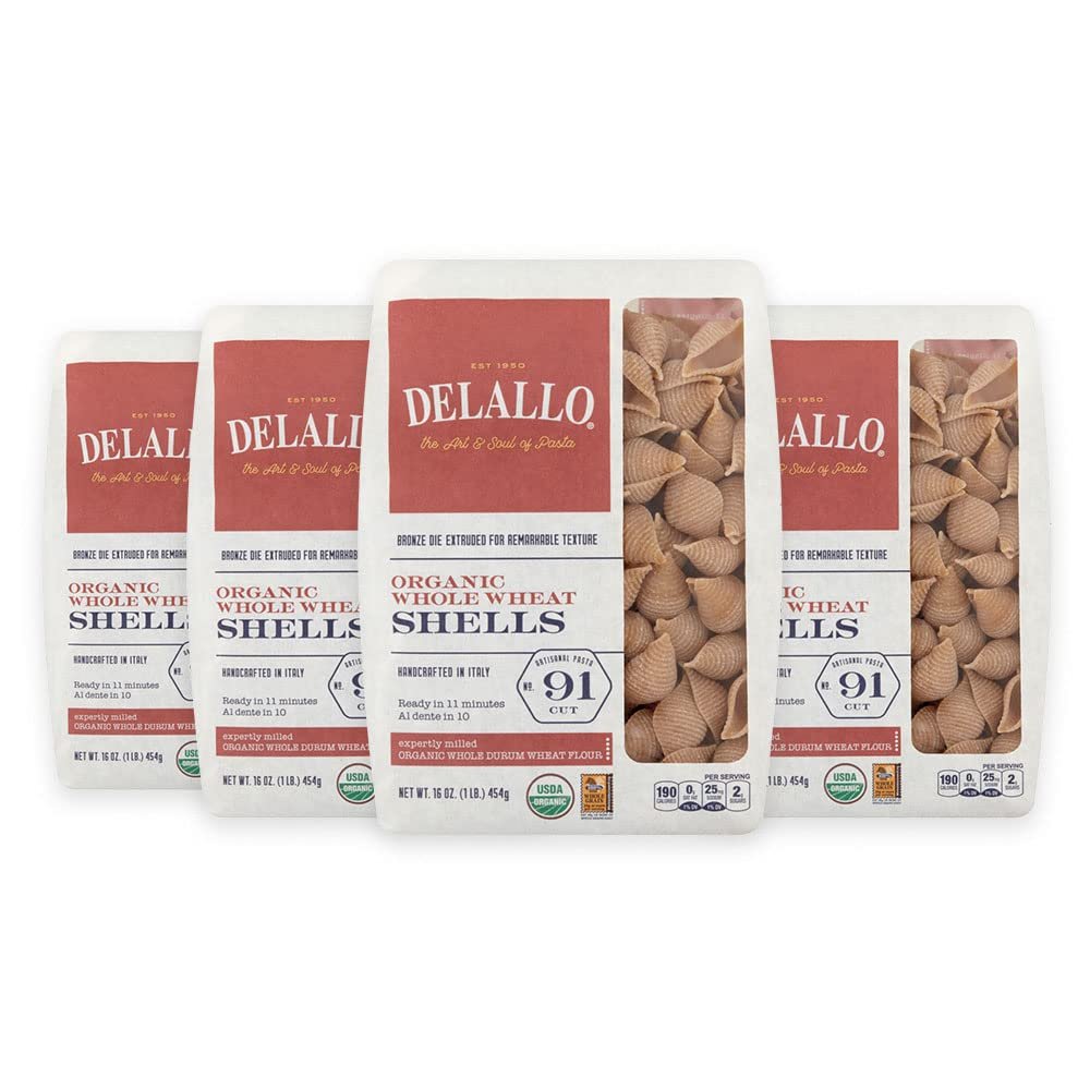 DeLallo Whole Wheat Pasta Shells, 1 Pound Bag, 4 Pack, Made with 100% Organic Whole Grain Flour, High Protein, Made in Italy