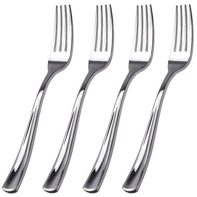 WDF 100 Piece Silver Plastic Forks - 7.4inch Silver Forks Disposable - Plastic Silverware for Dessert Cake - Heavy Duty Plastic Cutlery for Christmas Party or Daily Using