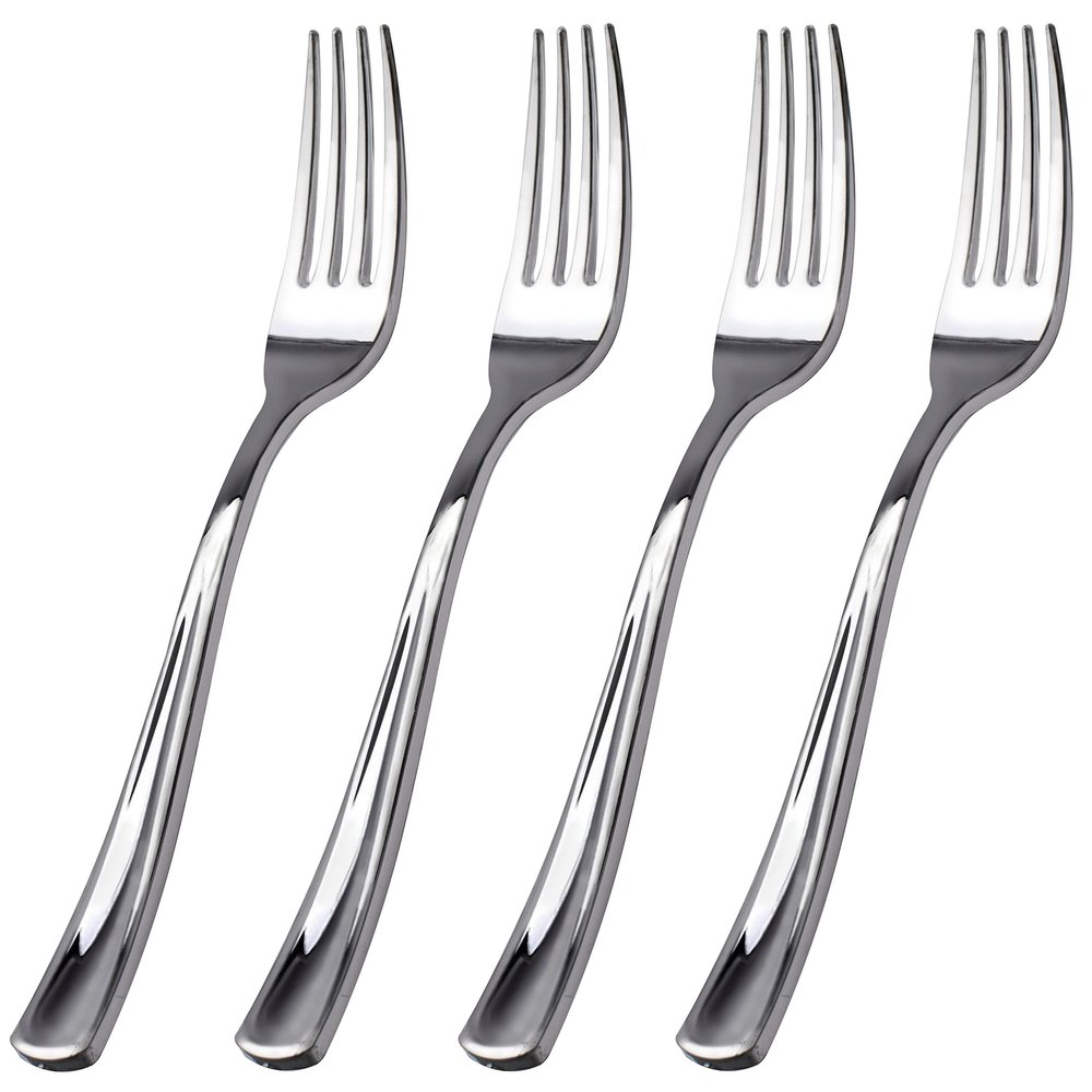 WDF 100 Piece Silver Plastic Forks - 7.4inch Silver Forks Disposable - Plastic Silverware for Dessert Cake - Heavy Duty Plastic Cutlery for Christmas Party or Daily Using