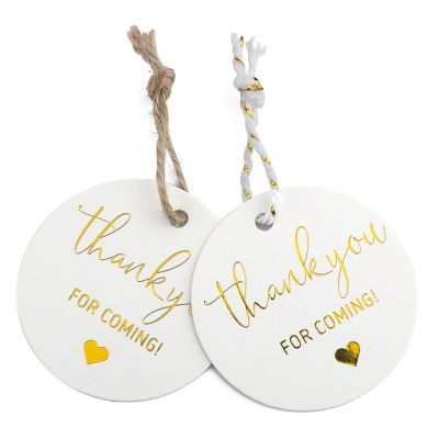 joycraft 100Pcs Thank You for Coming Tags, White High-end Kraft Paper Tags with String, Round Gold Foil Favors Labels, Personalized Gift Tags for Baby Shower, Bridal Shower, Party Gift Wrapping(2")