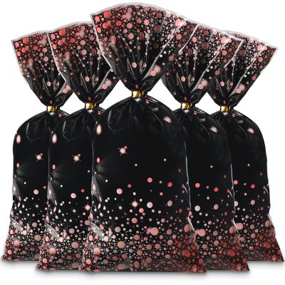 100 Pieces Black and Rose Gold Cellophane Bags 10.8 x 5 inch Plastic Party Treat Bags Candy Goody Treat Bag with 100 Gold Twist Ties for Back to School Birthday Wedding Graduation Party Supplies