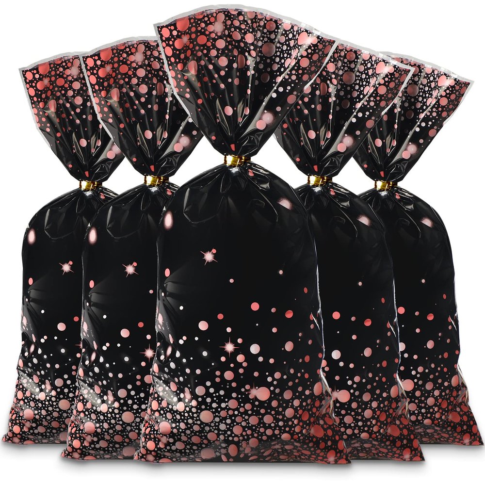 100 Pieces Black and Rose Gold Cellophane Bags 10.8 x 5 inch Plastic Party Treat Bags Candy Goody Treat Bag with 100 Gold Twist Ties for Back to School Birthday Wedding Graduation Party Supplies