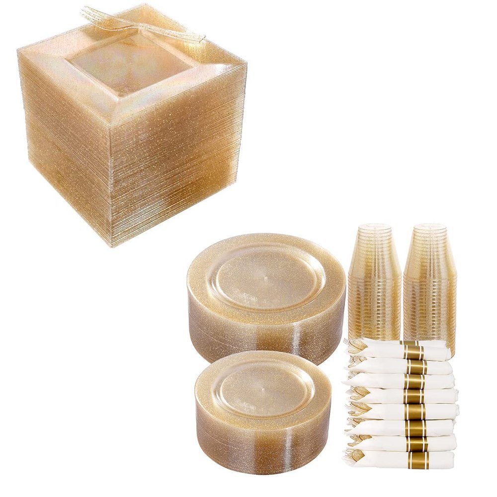 DaYammi Gold Glitter Dinnerware Set for party- 50 Dinner Plates, 150 Dessert Plates -50 Per Rolled Napkins with Gold Cutlery - 50 Disposable Cups 9 OZ -100 Small Plastic Cake Forks