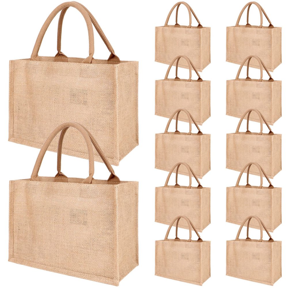 12 Pcs Large Jute Totes Burlap Gift Bags with Handles 12.6x 8.3 x 5.1inches Reusable Blank Bridesmaid Gift Bags Burlap Bags for Beach Teacher Bridesmaid Wedding DIY Decoration(12.6x 8.3 x 5.1inches)