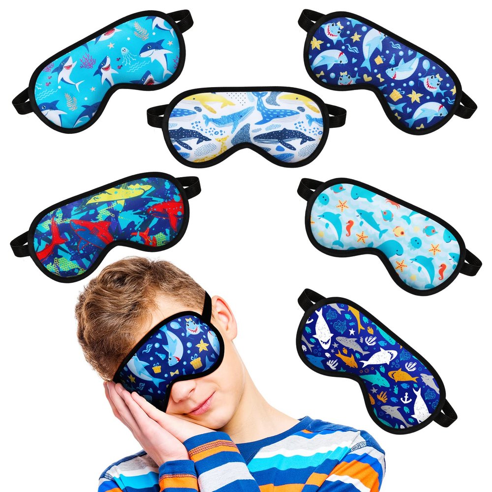 Eurzom 6 Pieces Shark Dinosaur Kids Sleep Mask Soft Satin Eye Mask Boys Animals Theme Kids Night Products for Sleeping Supplies, 6 Styles(Shark)