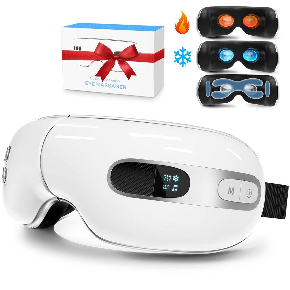 BOQUBOO Eye Massager with Heat and Cooling for Migraine Dry Eyes Relief, Rechargeable Bluetooth Music Migraines Relief Eye Massager Improve Sleeping Gifts for Women Men