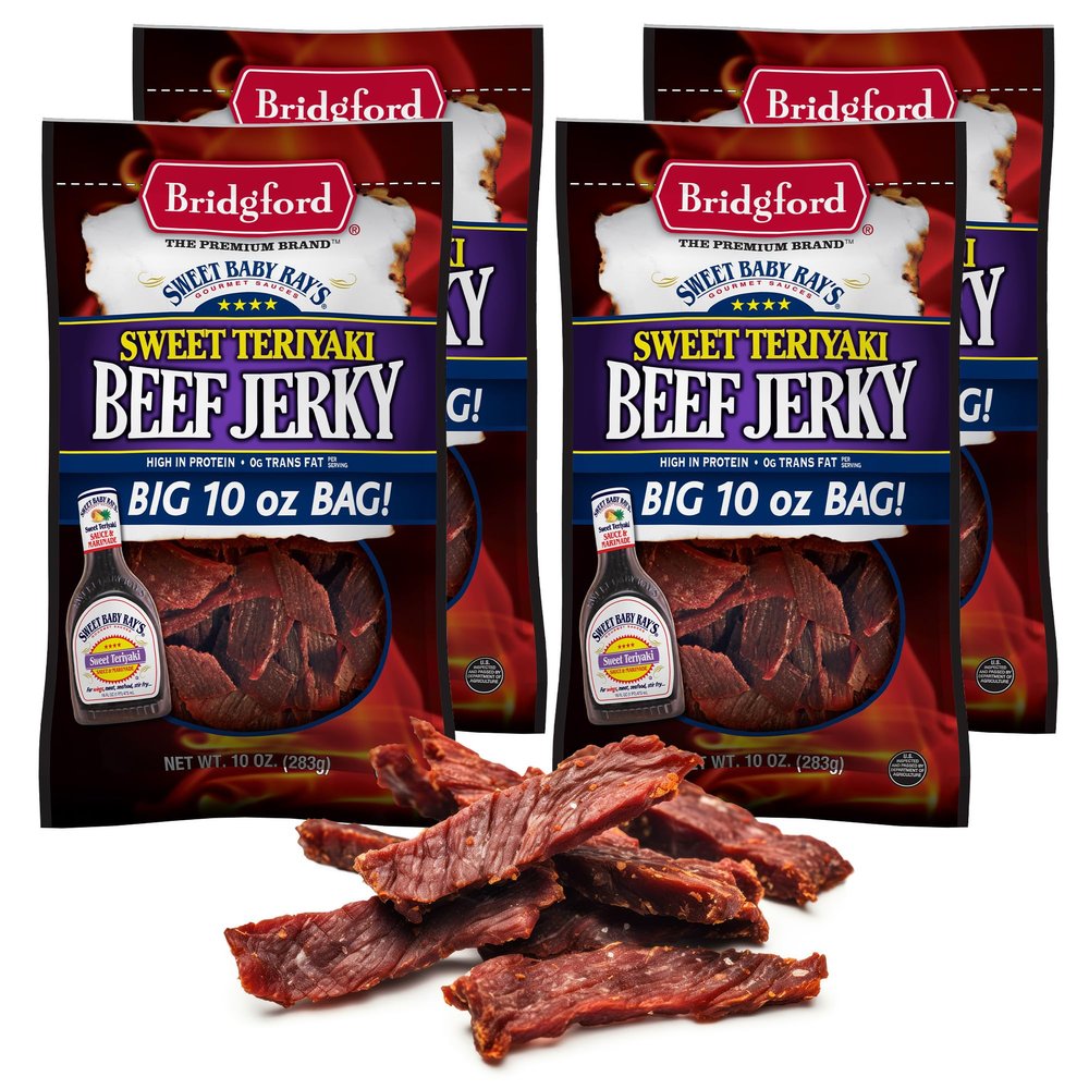 Bridgford Sweet Baby Ray's Beef Jerky Sweet Teriyaki 10 oz Pack of 4 - High Protein Beef Jerky for Low Carb and High Protein Diets - Ready-to-Eat Snacks for on the Go Snacking and Busy Lifestyles