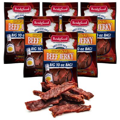 Bridgford Sweet Baby Ray's Beef Jerky Original 10 oz Pack of 6 - High Protein Healthy Snacks for Your Dietary Preferences - Ready-to-Eat Beef Jerky for On-The-Go Snacking and Busy Lifestyles