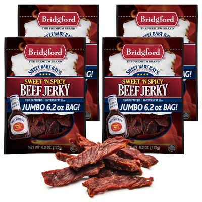 Bridgford Sweet Baby Ray's Beef Jerky Sweet N Spicy 6.2 oz Pack of 4 - High Protein Sweetened Spicy Beef Jerky for Your Dietary Preference - Ready-to-Eat Snacks for On-The-Go Snacking
