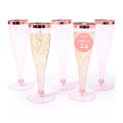 Prestee Set of 24 Plastic Champagne Flutes Disposable - Silver Glitter Pink Champagne Glasses with Rose Gold Rim, Elegant Toasting Cups for Weddings, Cocktail Parties, New Year's Celebrations