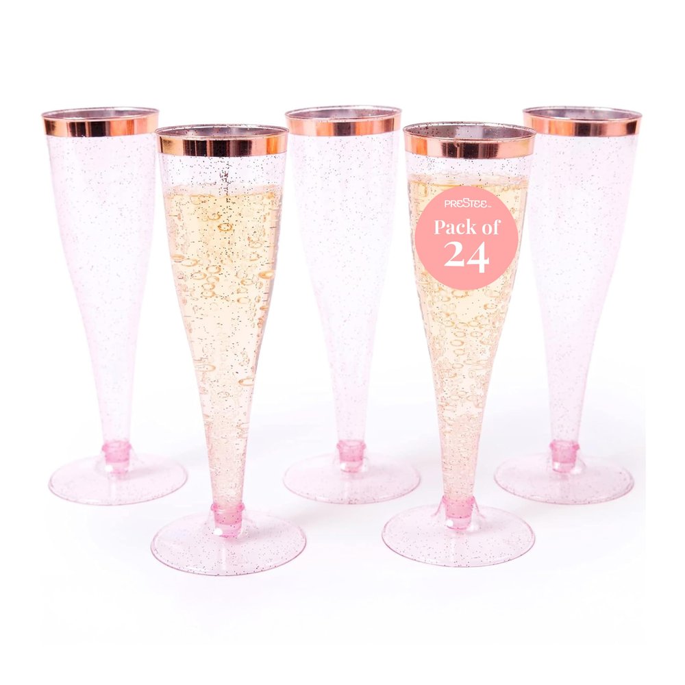 Prestee Set of 24 Plastic Champagne Flutes Disposable - Silver Glitter Pink Champagne Glasses with Rose Gold Rim, Elegant Toasting Cups for Weddings, Cocktail Parties, New Year's Celebrations
