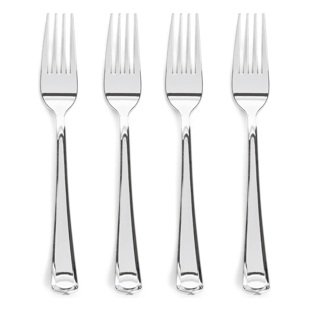 Prestee 100-Pack Heavy Duty Plastic Forks - 7-Inch Elegant Silver Plastic Forks Disposable Set - Fancy, Disposable Silverware Utensils for Parties, Holidays, Weddings, and Events - Durable Cutlery Set