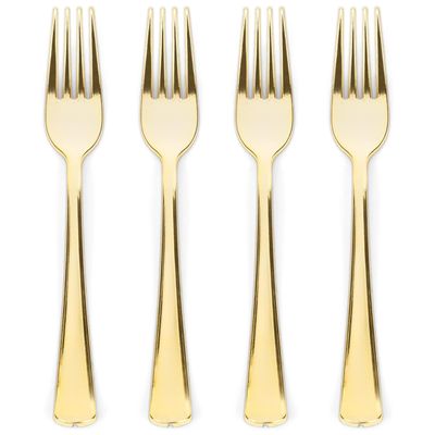 Prestee 100 Count Plastic Forks - 7" Heavy Duty Gold Plastic Silverware Utensils - Elegant, Disposable Gold Forks for Weddings, Parties, and Holidays - Fancy Flatware Set for Events and Catering