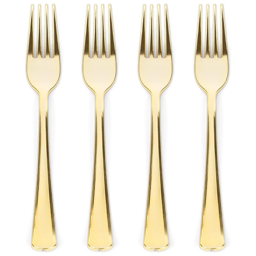 Prestee 100 Count Plastic Forks - 7" Heavy Duty Gold Plastic Silverware Utensils - Elegant, Disposable Gold Forks for Weddings, Parties, and Holidays - Fancy Flatware Set for Events and Catering