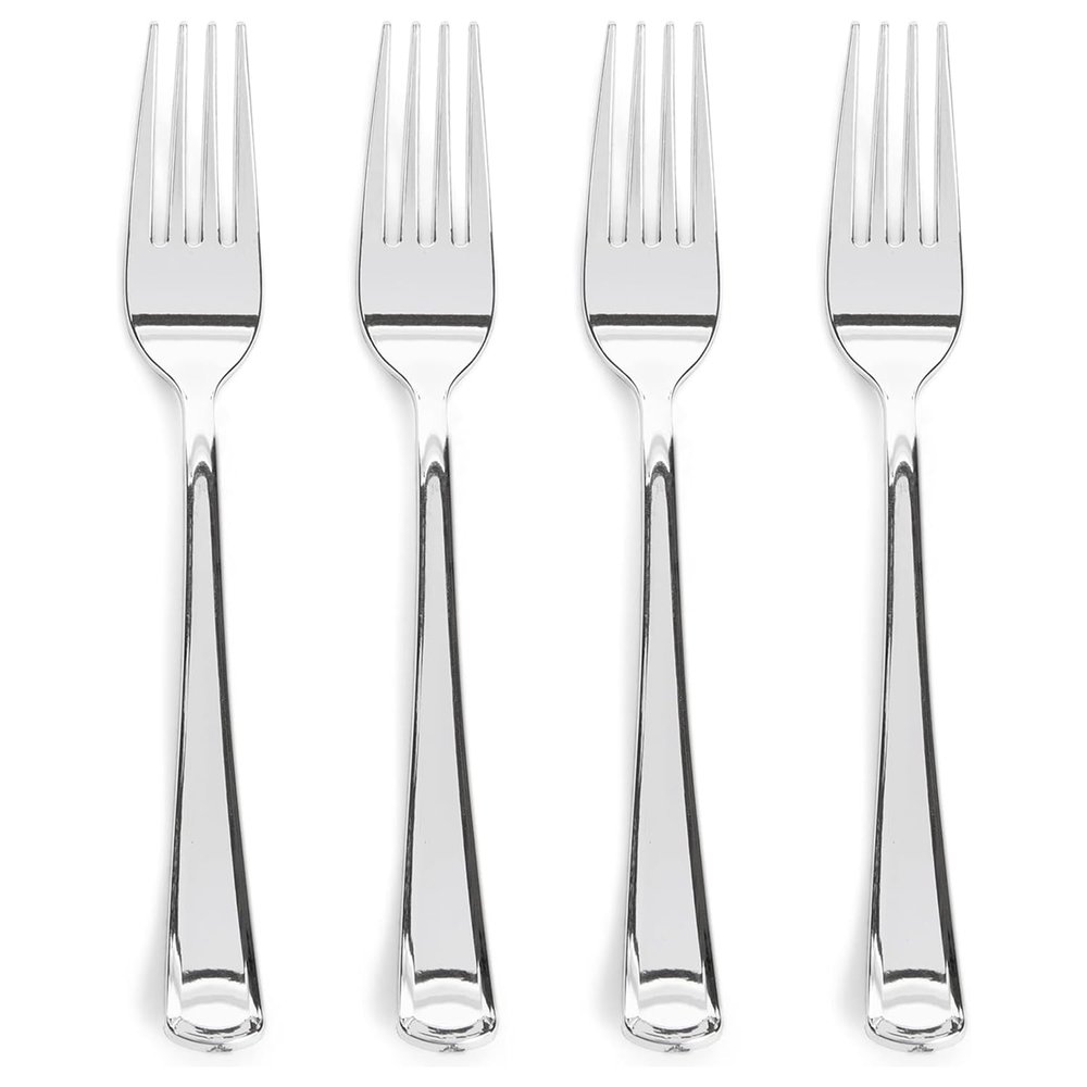 Prestee 300 Count Plastic Forks - 7 Inch Heavy Duty Disposable Silverware - Bulk Fancy Silver Fork Set for Table Decor - Durable Plastic Silverware for Parties, Events and Christmas Holidays