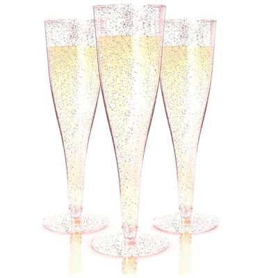 Prestee 24 Piece Plastic Champagne Flutes - 4.5 oz Plastic Wine Glasses with Rose Gold Glitter - Cocktail Glasses for Parties - Party Supplies for Mimosa Bar, Wedding, Shower Party and New Years Eve