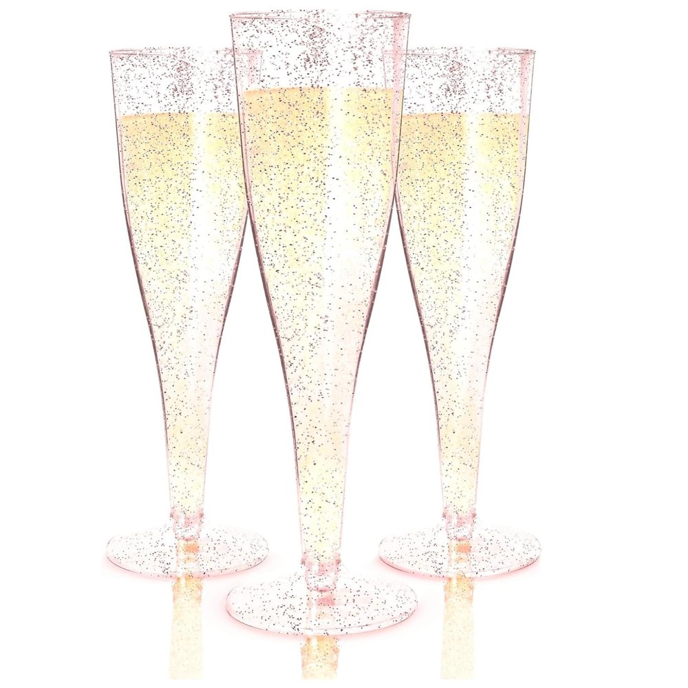 Prestee 24 Piece Plastic Champagne Flutes - 4.5 oz Plastic Wine Glasses with Rose Gold Glitter - Cocktail Glasses for Parties - Party Supplies for Mimosa Bar, Wedding, Shower Party and New Years Eve