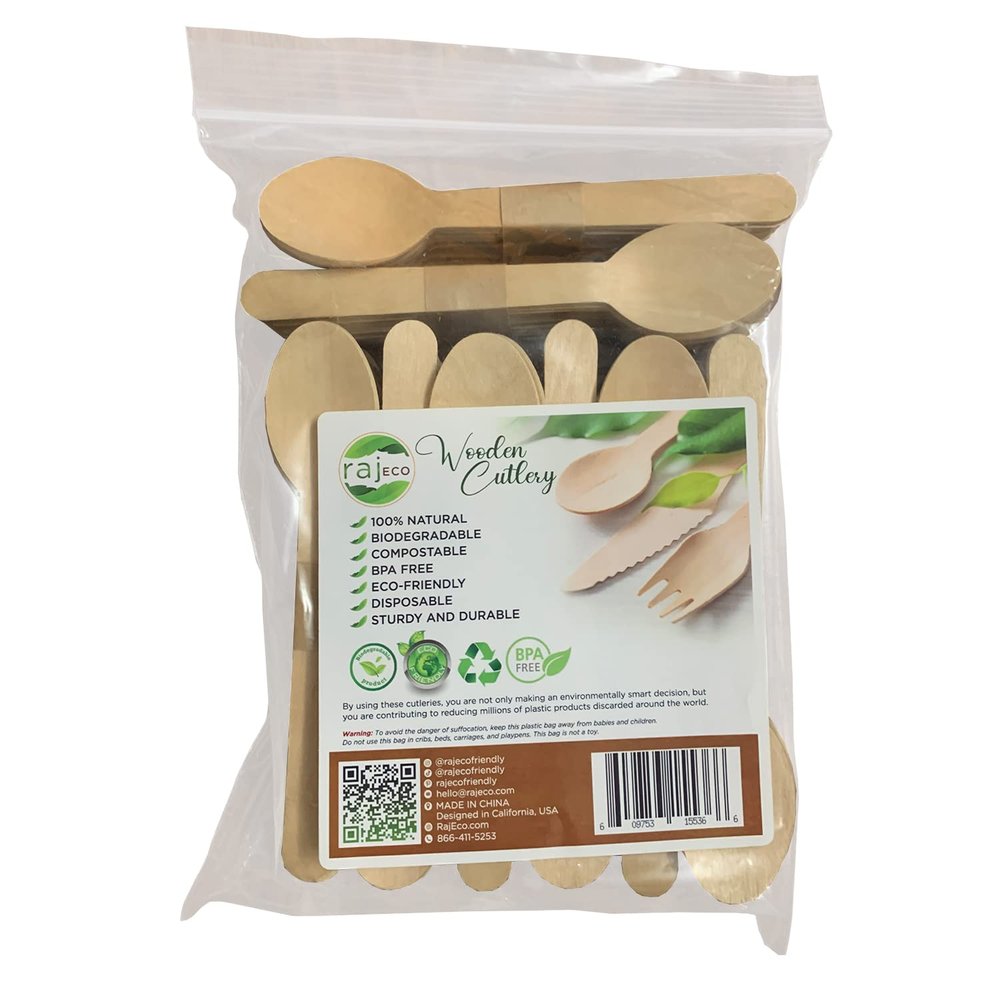150 Pack - Raj Disposable Wooden Spoons - Strong & Reusable Party Spoons -Biodegradable and Compostable Tableware for Lunch, Dinner, Birthday, Camping, Outdoor BBQ, Picnic Parties