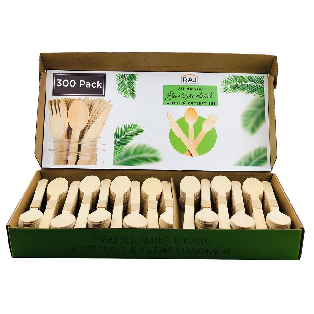 300 Pack - Raj Disposable Wooden Spoons - Strong & Reusable Party Spoons -Biodegradable and Compostable Tableware for Lunch, Dinner, Birthday, Camping, Outdoor BBQ, Picnic Parties