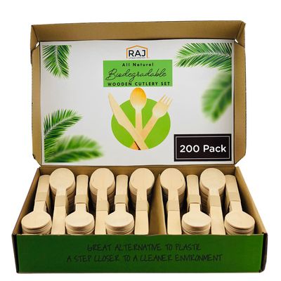 200 Pack - Raj Disposable Wooden Spoons - Strong & Reusable Party Spoons -Biodegradable and Compostable Tableware for Lunch, Dinner, Birthday, Camping, Outdoor BBQ, Picnic Parties