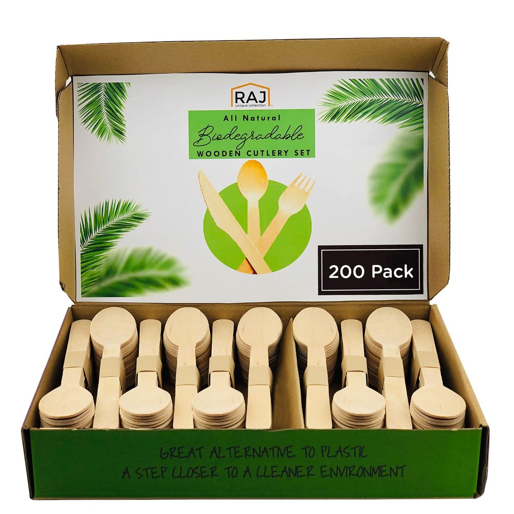 200 Pack - Raj Disposable Wooden Spoons - Strong & Reusable Party Spoons -Biodegradable and Compostable Tableware for Lunch, Dinner, Birthday, Camping, Outdoor BBQ, Picnic Parties