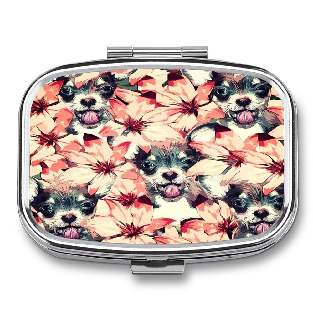 Pocket Pill Box Dog and Flower Portable Pill and Vitamin Storage Box for Purse Pocket Travel Gifts