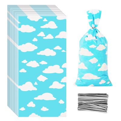 Lecferrarc 100 Pcs Blue Sky White Clouds Treat Bags White Clouds Print Cellophane Candy Bags Cartoon Story Party Favors with Twist Ties for Birthday Party Baby Shower Supplies