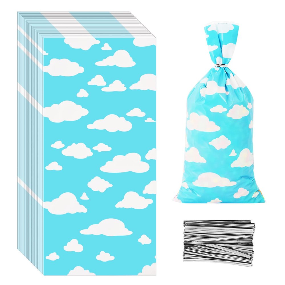 Lecferrarc 100 Pcs Blue Sky White Clouds Treat Bags White Clouds Print Cellophane Candy Bags Cartoon Story Party Favors with Twist Ties for Birthday Party Baby Shower Supplies