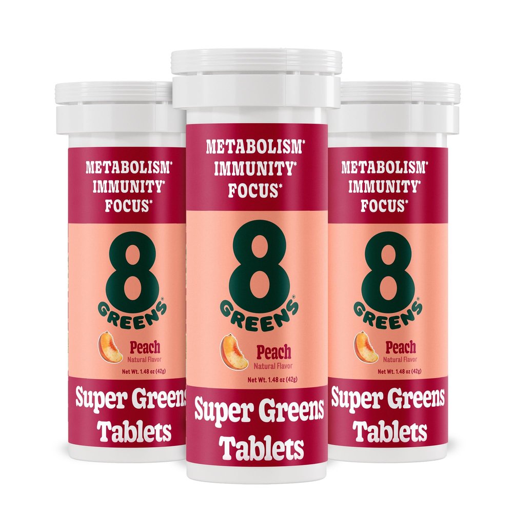 8Greens Supergreens Tablets | Super Greens Powder Superfood Tablet, Metabolism Immunity & Focus, Daily Greens Effervescent Tablets, Organic: Aloe Vera, Spirulina, Chlorella, Peach, 30 Servings