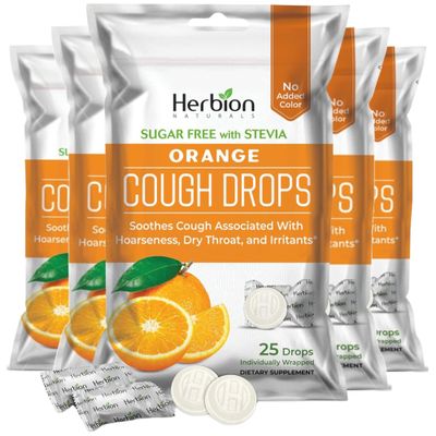 HERBION Naturals Cough Drops with Orange Flavor, Sugar-Free with Stevia, Soothes Cough, for Adults and Children Over 6 Years  Pack of 5(125 Lozenges)