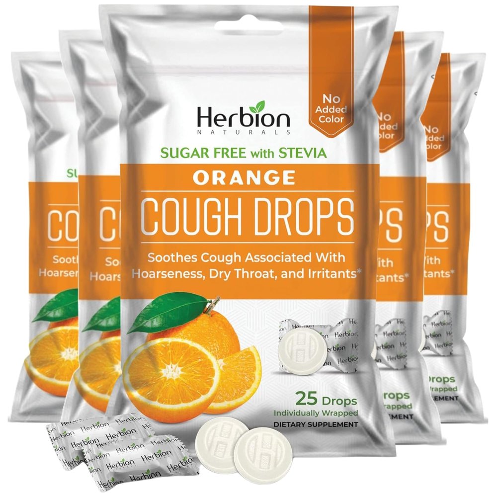 HERBION Naturals Cough Drops with Orange Flavor, Sugar-Free with Stevia, Soothes Cough, for Adults and Children Over 6 Years Pack of 5(125 Lozenges)