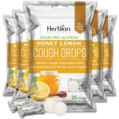 HERBION Naturals Cough Drops, Sugar-Free with Stevia, Dietary Supplement, Soothes Cough, for Adults & Children Over 6 Years, 125 Drops, Honey Lemon, Pack of 5