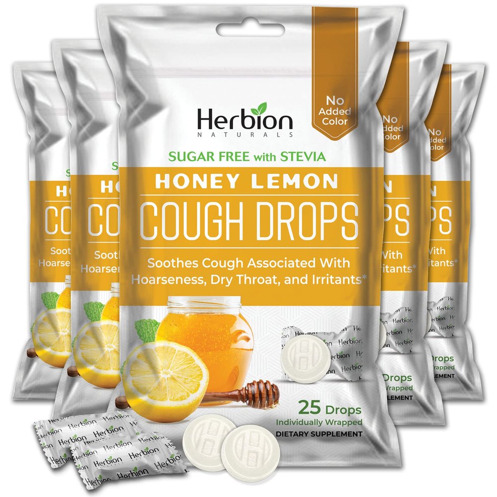 HERBION Naturals Cough Drops, Sugar-Free with Stevia, Dietary Supplement, Soothes Cough, for Adults & Children Over 6 Years, 125 Drops, Honey Lemon, Pack of 5
