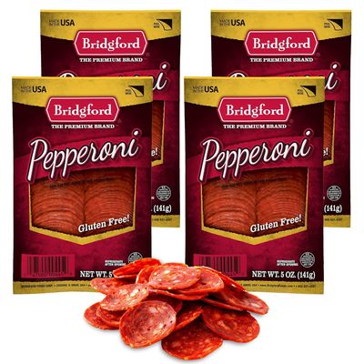 Bridgford Sliced Pepperoni 5 oz Pack of 4 - Gluten-Free Pepperoni Slices for Pizza and Sandwiches - Zero Carb Sliced Pepperoni for Keto Diets - Ready-to-Eat Pepperoni Slices for On-The-Go Snacking