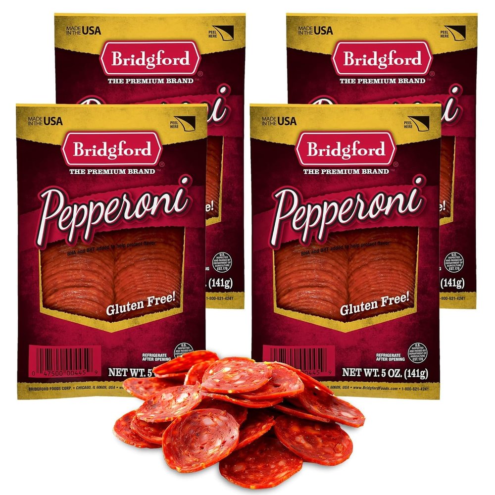Bridgford Sliced Pepperoni 5 oz Pack of 4 - Gluten-Free Pepperoni Slices for Pizza and Sandwiches - Zero Carb Sliced Pepperoni for Keto Diets - Ready-to-Eat Pepperoni Slices for On-The-Go Snacking