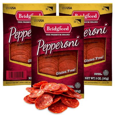Bridgford Sliced Pepperoni 5 oz Pack of 3 - Gluten-Free Pepperoni Slices for Pizza and Sandwiches - Zero Carb Sliced Pepperoni for Keto Diets - Ready-to-Eat Pepperoni Slices for On-The-Go Snacking